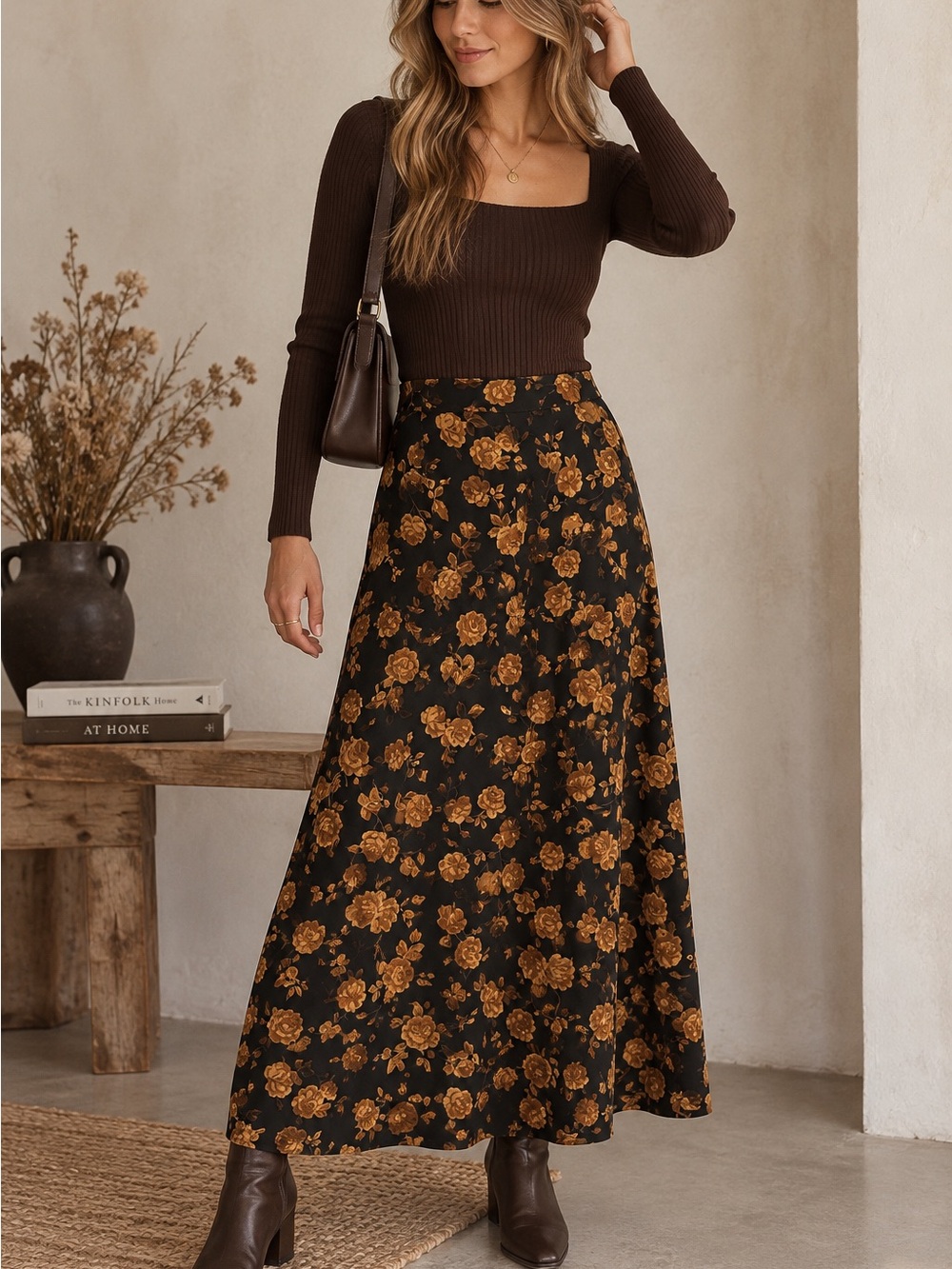 Chaus Vintage 90s Black Brown Floral Maxi Skirt Cottagecore Fall Grunge